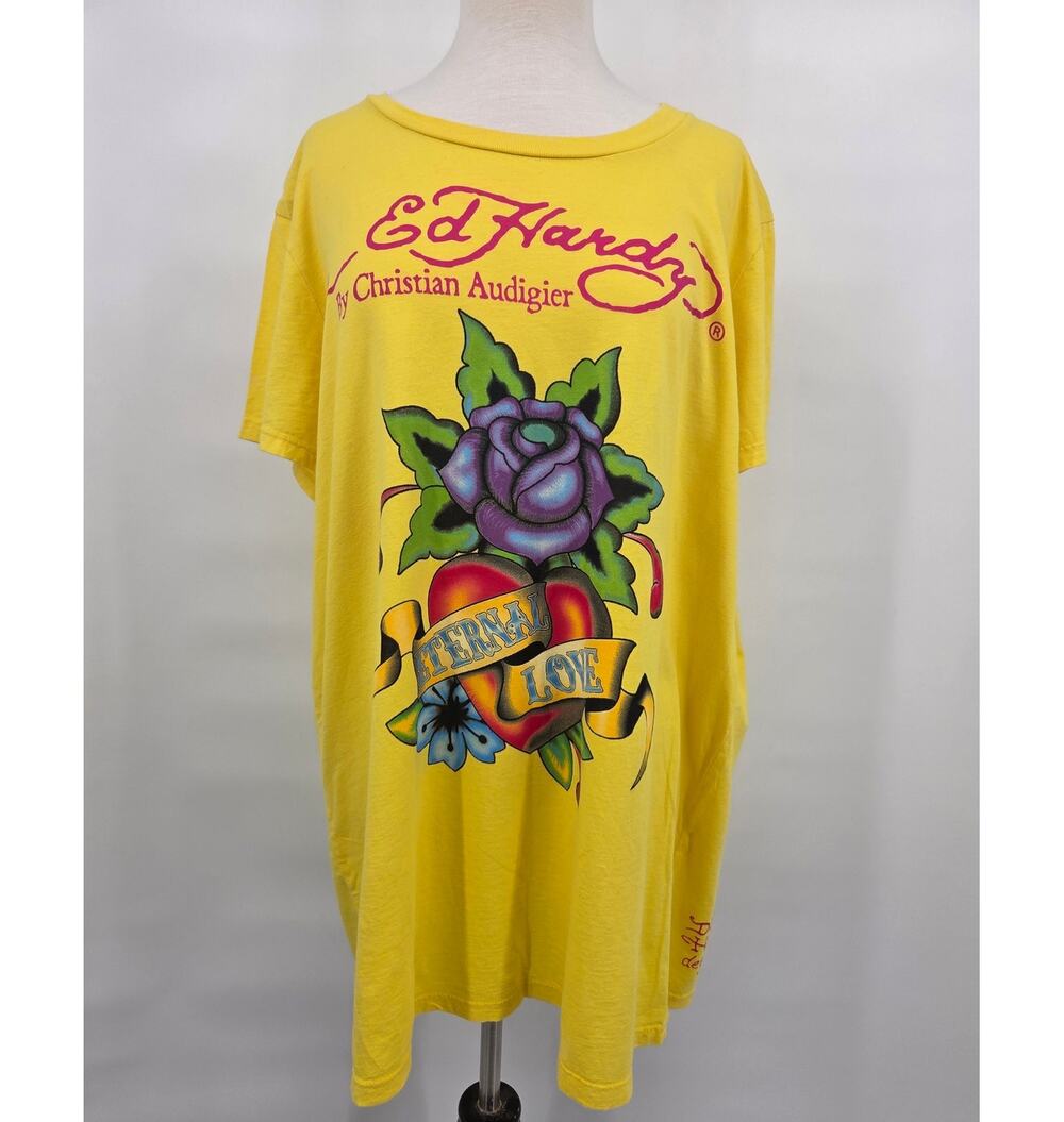 NEW Women's Ed Hardy Christian Audigier Eternal Love Yellow Tee Shirt Cotton 3X